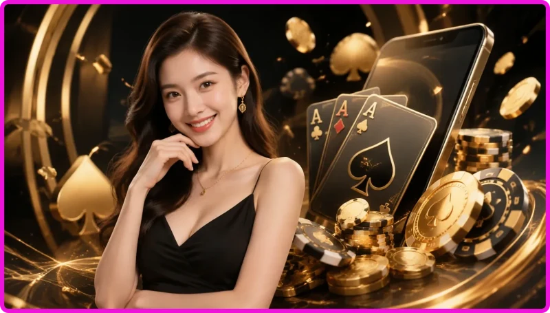 Ba lá bài tây ngửa trên bàn poker xanh với hiệu ứng ánh sáng neon