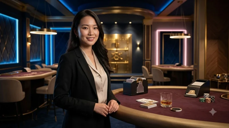 ban-baccarat-voi-hai-tu-bai-player-va-banker-anh-sang-spotlight-chieu-xuong-ban-choi Bàn Baccarat với hai tụ bài Player và Banker, ánh sáng spotlight chiếu xuống bàn chơi