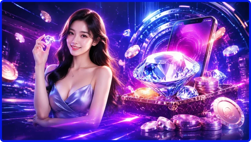 Giao diện game Mini Kim Cương online rực rỡ với các viên đá quý lấp lánh trên nền tảng WIN79