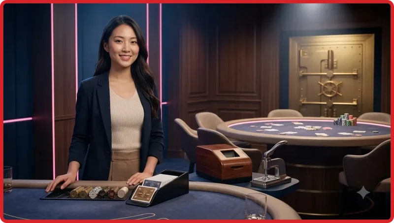 Người chơi nữ tại bàn Baccarat Online trong không gian sòng bài sang trọng với ánh sáng neon